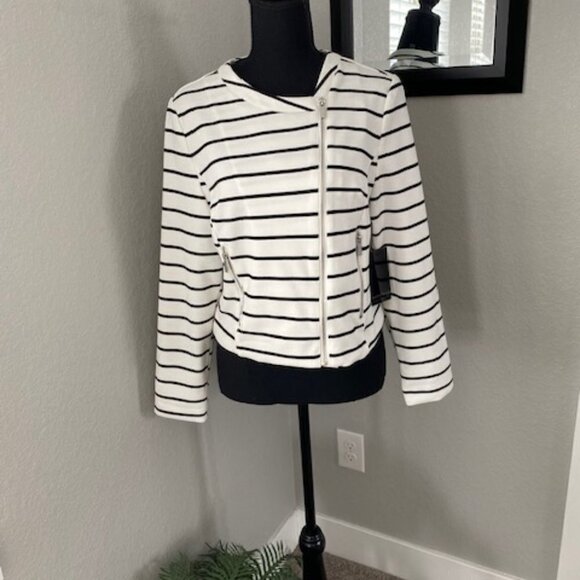 NWT Bagatelle Aysmmetrical Draped Lapel Striped Knit Moto Jacket PM - Picture 6 of 16